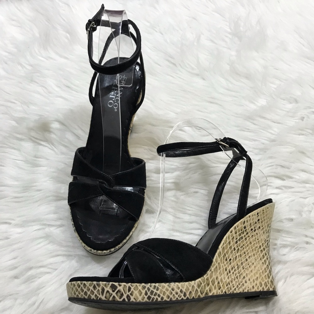 Franco Sarto Black Ankle Strap Wedge Snake Print